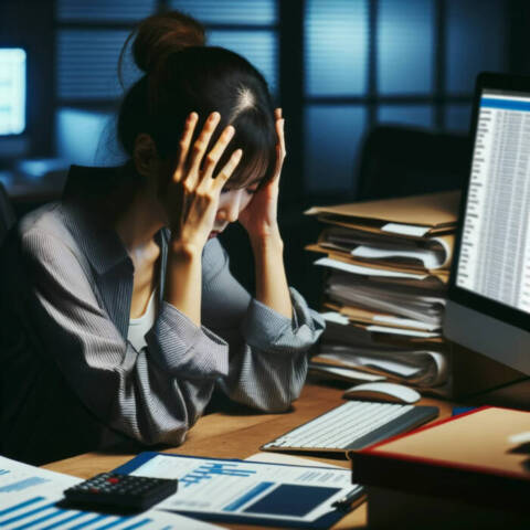 DALL·E 2023 10 29 21.02.37 Photo of a Japanese woman holding her head in her hands appearing overwhelmed by work. Shes seated at a workspace filled with files reports and a  - シングル同士の恋愛：再婚を考える前に知っておくべきこと
